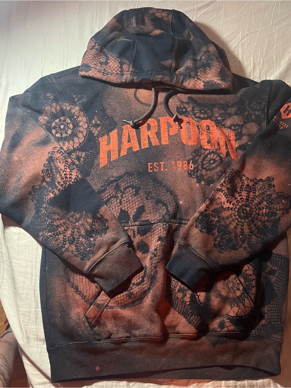 HARPOON navy & orange lace bleached hoodie